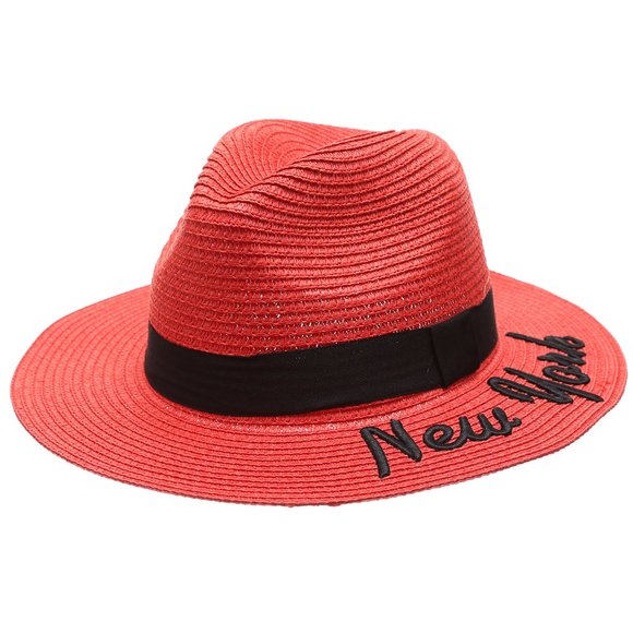 NewYork Embroidered Summer Straw Beach Hat - Red - Picture 1 of 6